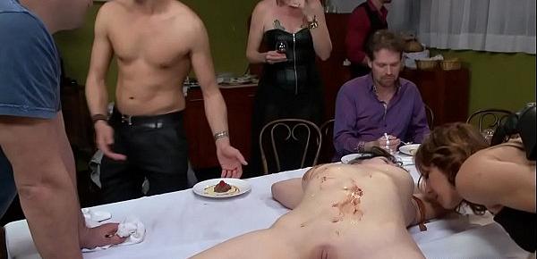  Slave dp fucked with food in public